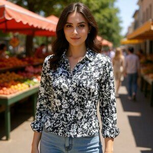 Evan Picone 100% Silk Women's Floral Boho Chic Button Up Shirt